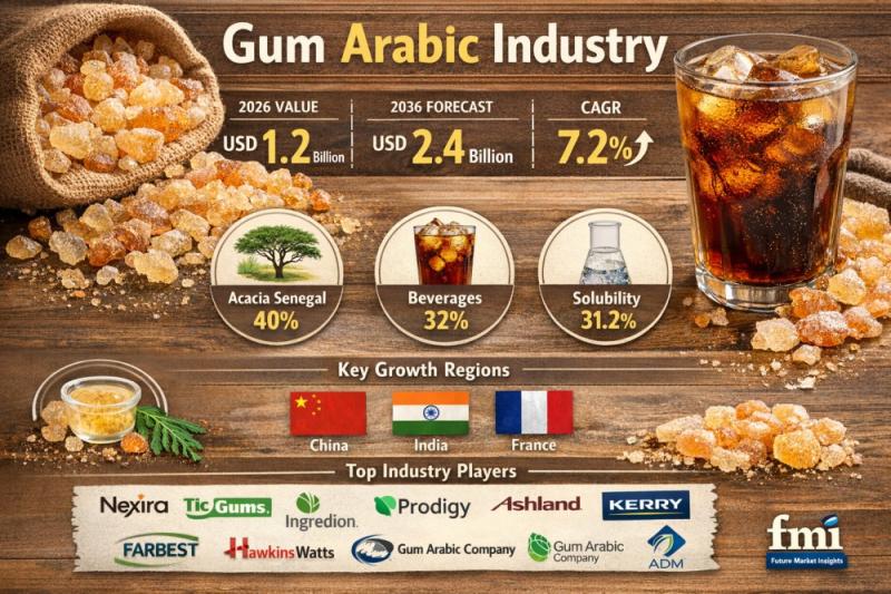 السوق العالمي للصمغ العربي سيصل إلى 2.4 مليار دولار أمريكي بحلول عام 2036، ويشهد معدل نمو سنوي مركب يبلغ 7.2% بقيادة الهند والصين، بدعم من نيكسيرا وإنغريديون ومجموعة كيري