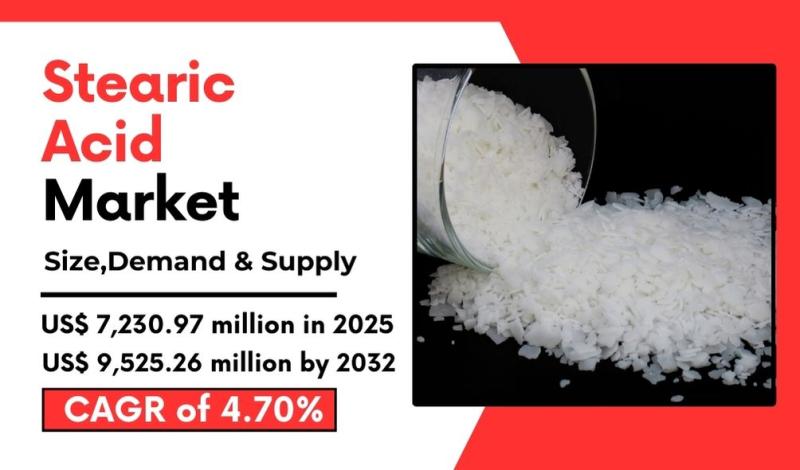 The Global Stearic Acid Market was valued at USD 7,230.97 million in 2023 and is projected to grow to USD 9,525.26 million by 2029