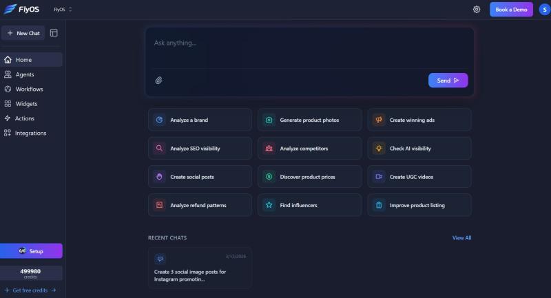 FlyOS AI workspace for ecommerce teams to launch agents, analyze data, and automate workflows