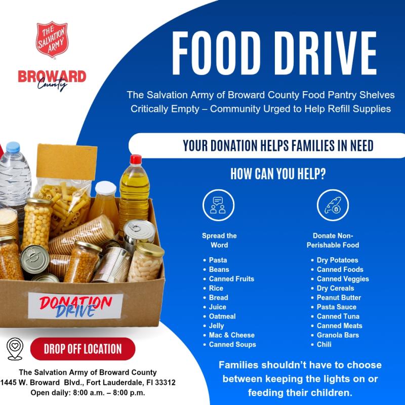 Salvation Army of Broward County Food Pantry Shelves Critically Empty-Community Urged to Help Refill Supplies