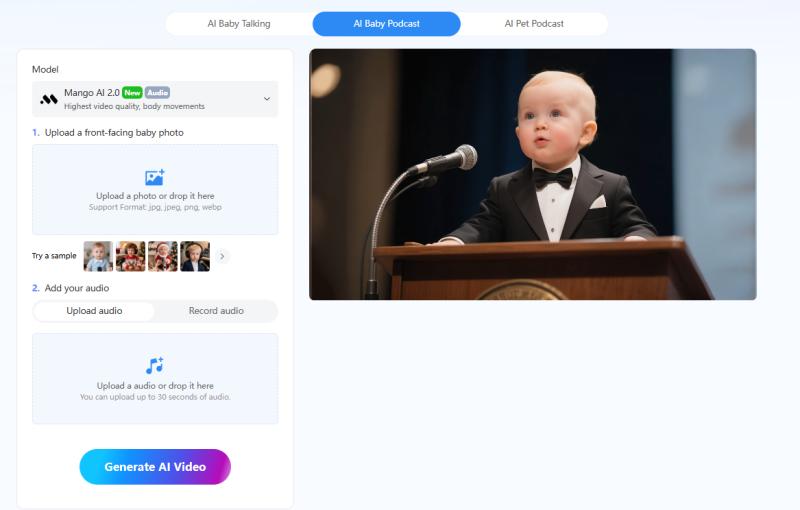 Mango AI's AI baby podcast generator creates realistic talking videos.