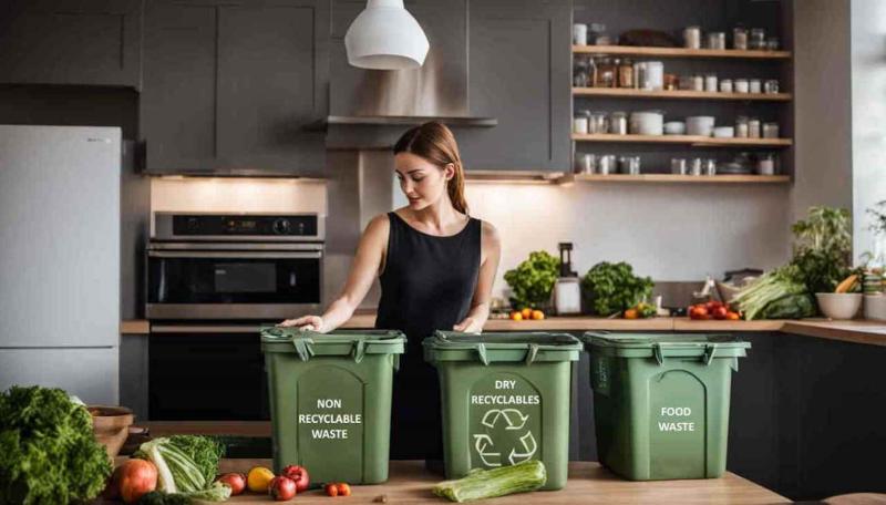 A householder sorting food waste into the correct containers.