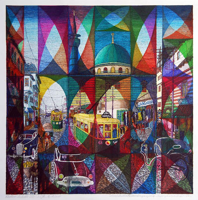 Khaldoun Chichakli, Color subtractions al Sananeah mosque and al Sabagin bazaar (Farwateah) in past days, 2008, watercolors, 36 x