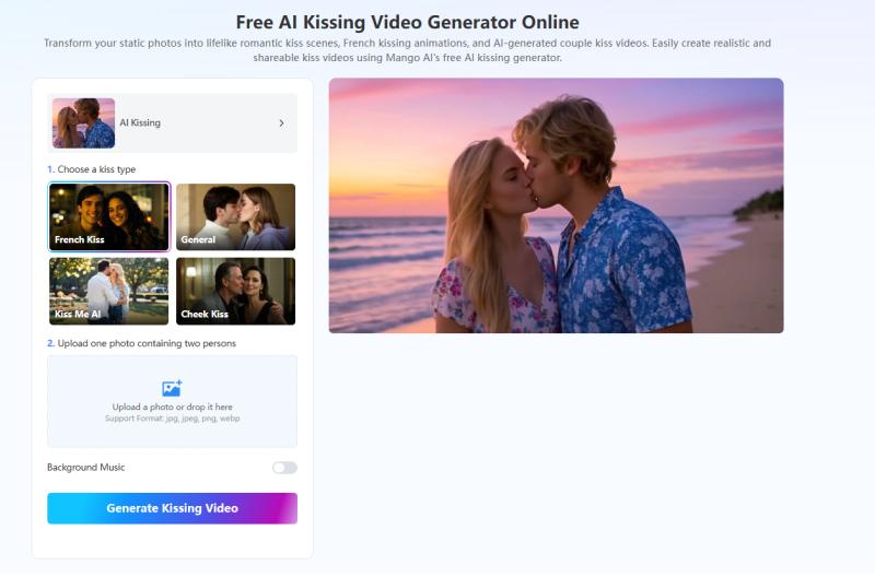 Mango AI's AI kissing video generator creates romantic videos.