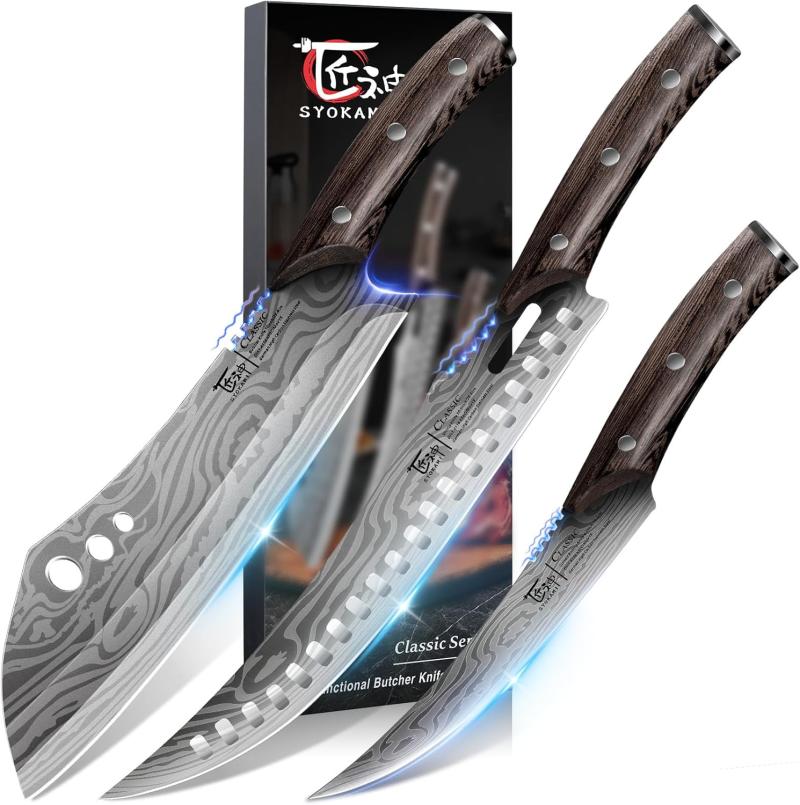 SYOKAMI Butcher Knife Set, 3 PCS Kitchen Knives Set for Cutting, Meat Cleaver Chef Knife Set, Japanese Style High Carbon Steel Kni