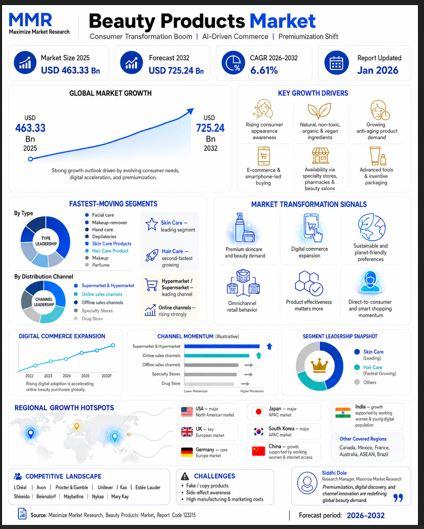 Beauty Products Market at USD 463.33 Bn in 2025 to Reach USD 725.24