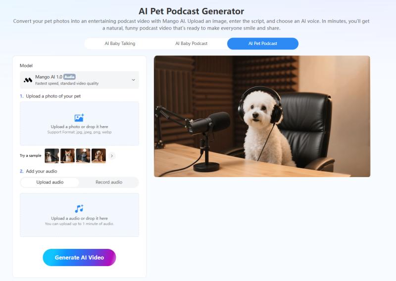 Mango AI's AI pet podcast tool generate lively pet narratives.