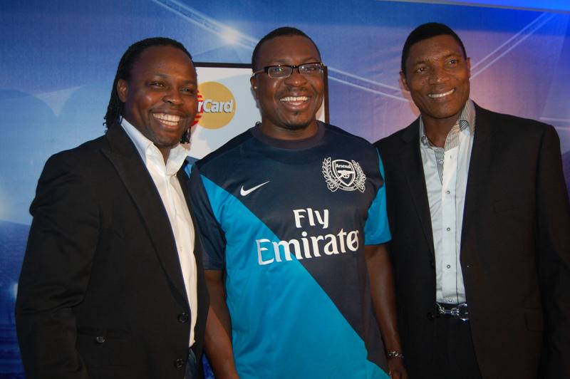L-R Ex - Super Eagles International Victor Ikpeba, Ace Comedian Alli Baba and Peter Rufai, Former Super Eagle Goalkeeper at the Ma