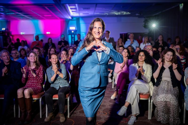 Stefanie Camin led with heart - both in her speech on appreciative leadership and in this moment for the camera. Photo: Justin Boc