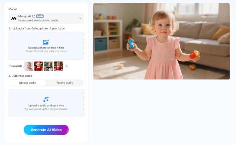 Mango AI's talking baby AI creates lifelike talking videos.