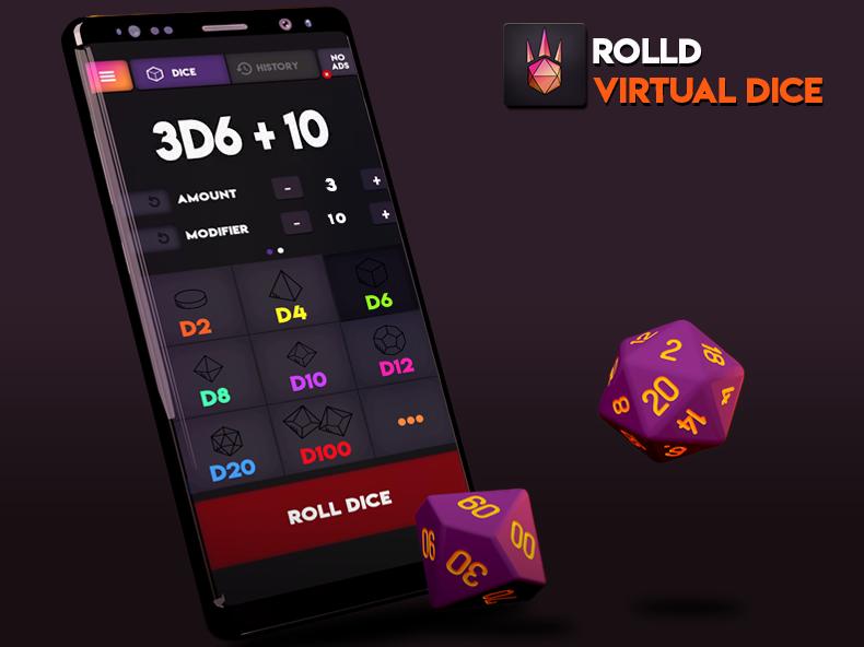 Free mobile dice-rolling app for iOS and Android with custom dice, roll history, bulk rolling, and multilingual support.