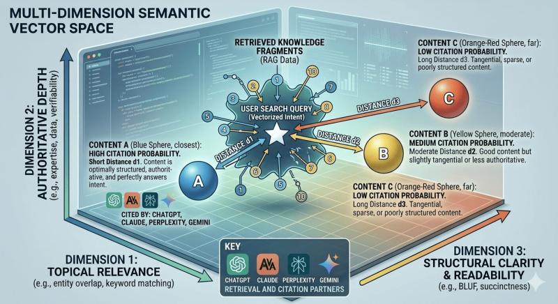 Details semantic vector space alignment, mapping how minimizing query distance drives AI search retrieval.