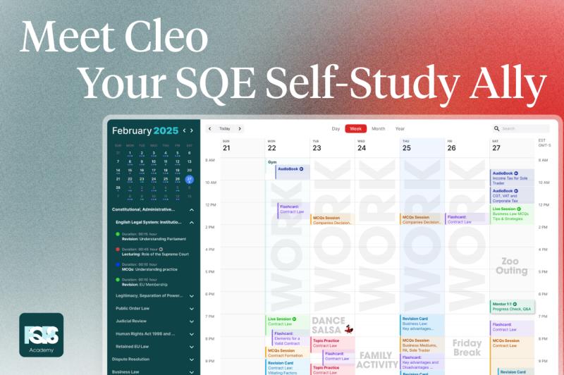 FQPS Academy's Cleo: AI-powered SQE self-study plans from £79. Personalised, affordable, and comprehensive support.