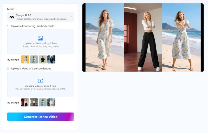 Mango AI's AI dance generator creates engaging dance videos.