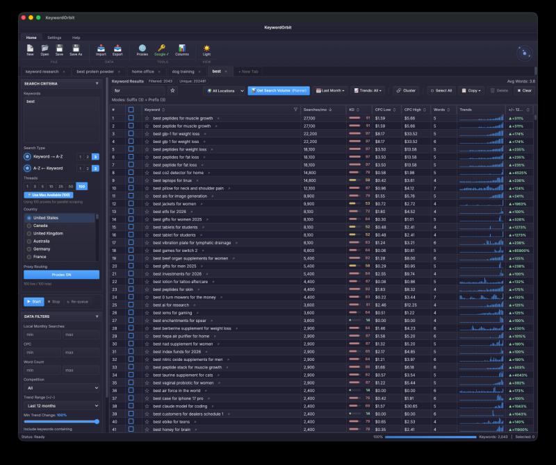 KeywordOrbit desktop keyword research app showing keyword grid with search volume data