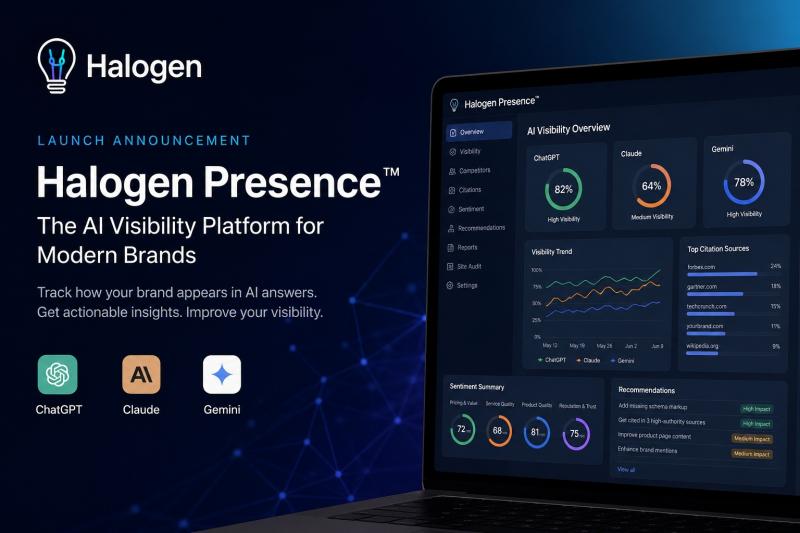 Halogen Presence: AI visibility scores, citation sources, sentiment analysis, and recommendations across ChatGPT, Claude, Gemini.