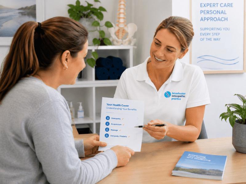 Discussing private health insurance cover for osteopathy, acupuncture & massage at Broadwater Osteopathic Practice