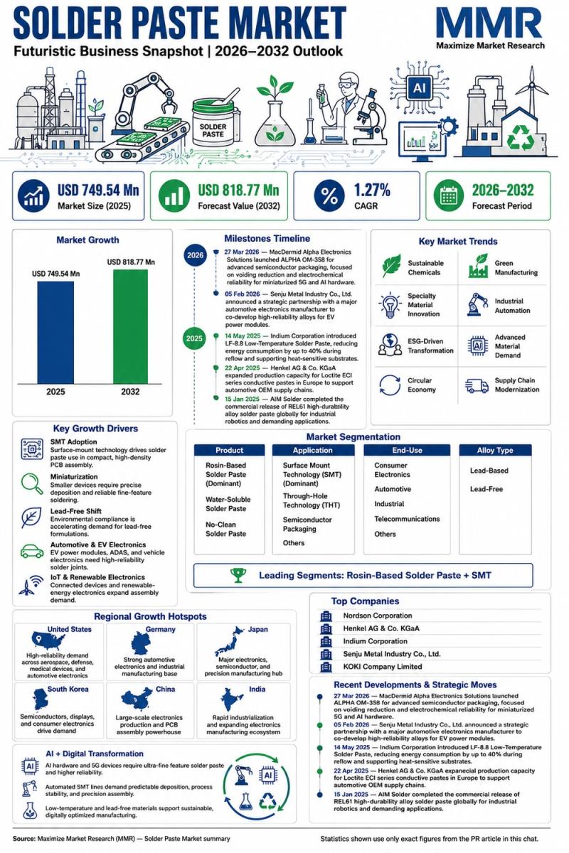 Solder Paste Market at USD 749.54 Mn to Reach USD 818.77 Mn by 2032