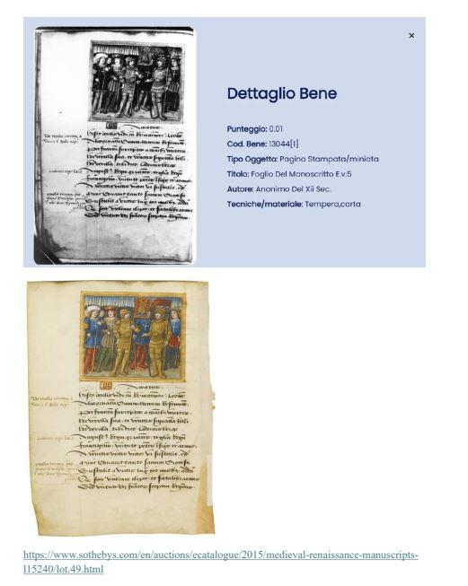 Top: historical record of a stolen leaf from Turin MS E.V.5 in the Italian Carabinieri TPC database. Bottom: the same leaf offered