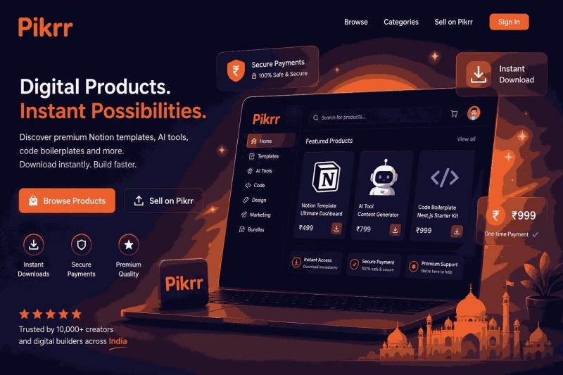 Pikrr - India's digital products marketplace for Notion templates, AI tools, and SaaS boilerplates.