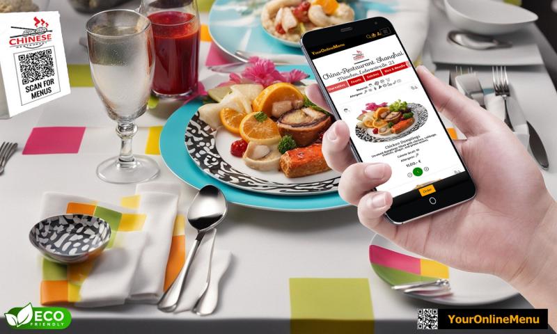 A beautifully set table featuring a gourmet dish, a QR code, and a smartphone displaying YourOnlineMenu's online ordering interfac