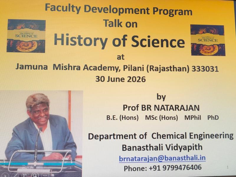 JMA Pilani FDP Banasthali Prof Natarajan talks on History of Science
