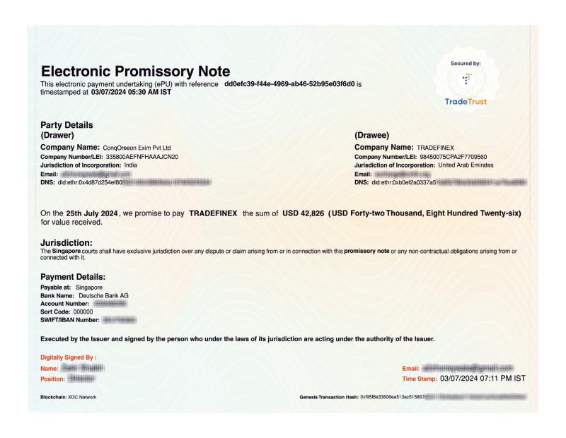 Successful Completion of Electronic Promissory Note Transaction by XDC Trade Network