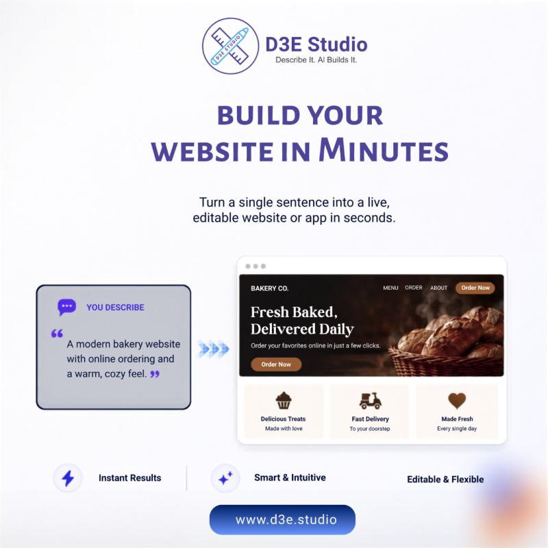D3E Studio empowers businesses to build professional AI-powered websites faster platform.