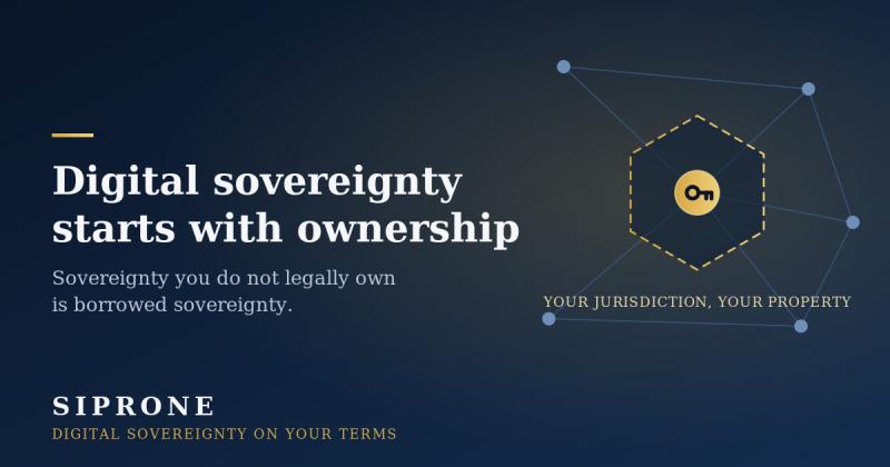 Illustration of digital sovereignty: a network of connected nodes in which one golden node with a key symbol sits inside its own