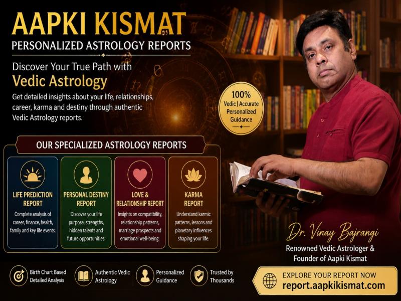 Unlock personalized Vedic Astrology Reports by Dr. Vinay Bajrangi for career, love, karma, destiny & life guidance.