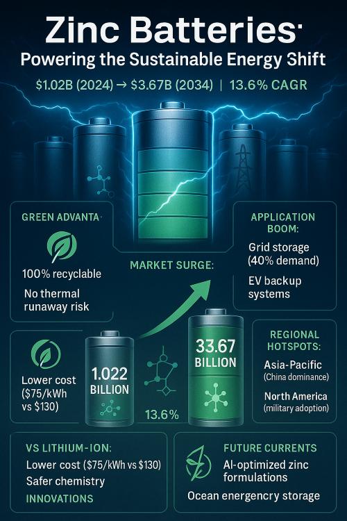Zinc Battery Market to Reach USD 3.67 Billion by 2034 Amid Rising Demand for Sustainable Energy Storage