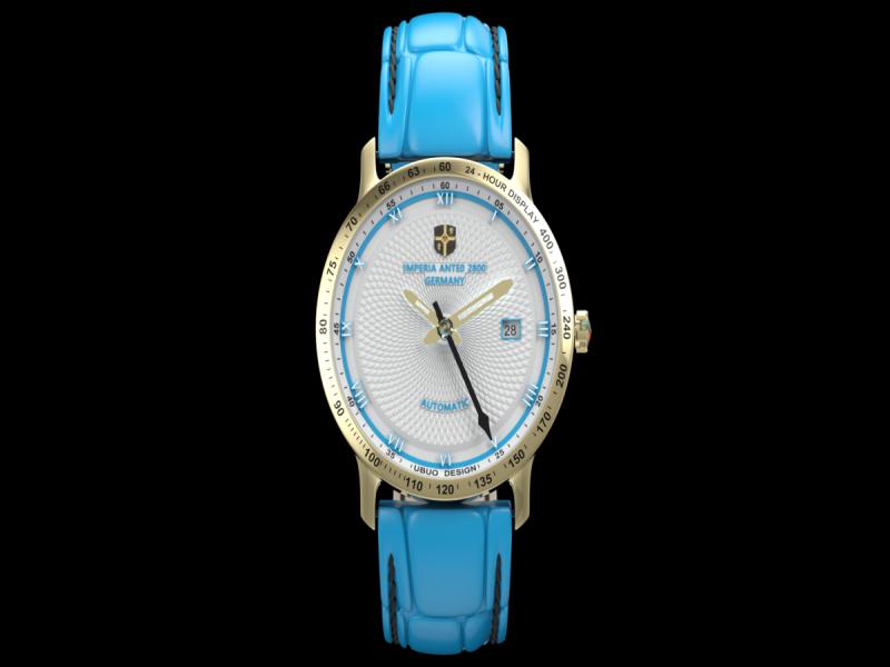 The Imperia Anteo 2800 mechanical timepiece featuring a polished casing, textured dial, and signature blue leather strap.