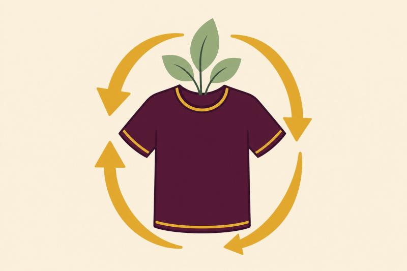 Sustainable custom apparel from Arklavo: mulberry tee encircled by recycling arrows with leaves, no minimum order.