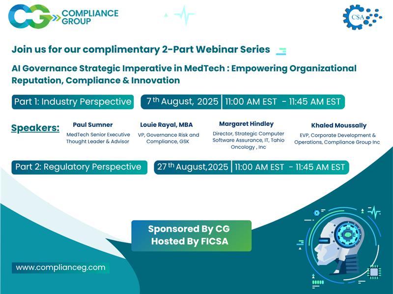 Join Us for a Complimentary 2-Part Webinar Series on AI Governance in MedTech - Hosted by FICSA and Sponsored by Compliance Group Inc.