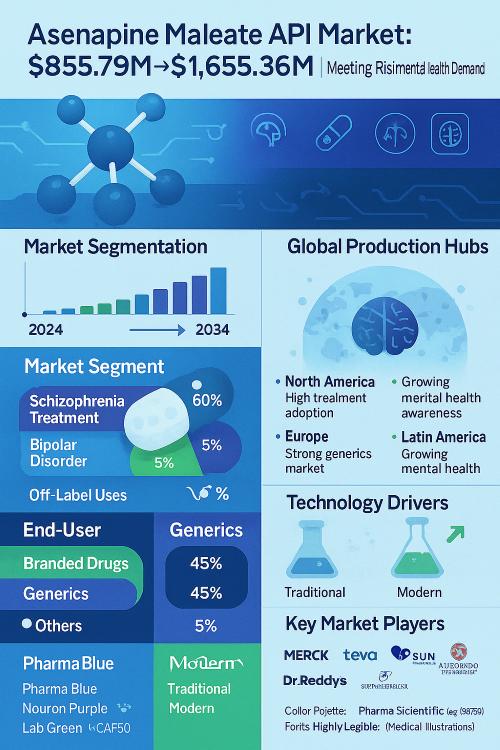 Asenapine Maleate API Market to Reach USD 1.66 Billion by 2034, Growing at 6.82% CAGR from 2024 Valuation of USD 855.79 Million