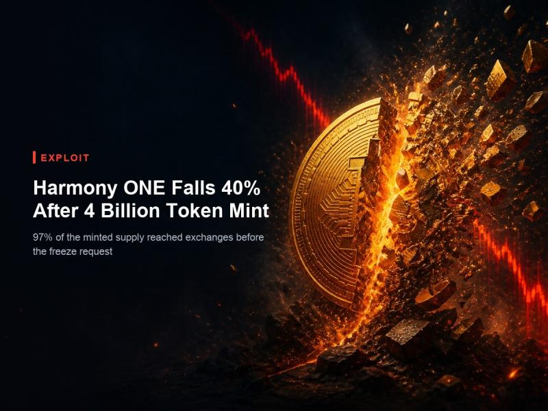 A shattering gold token beside a plunging red chart line, illustrating Harmony ONE's 40% fall after roughly 4 billion tokens were