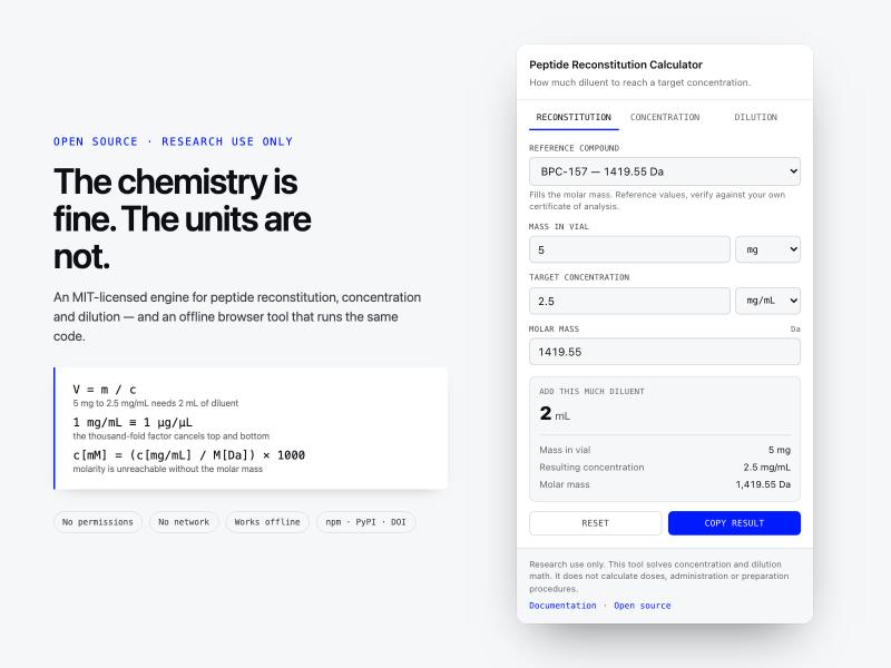 Unit-safe peptide reconstitution math published as