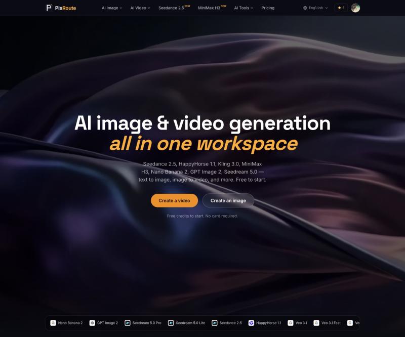 The PixRoute studio: AI video models and finishing tools on one credit balance.
