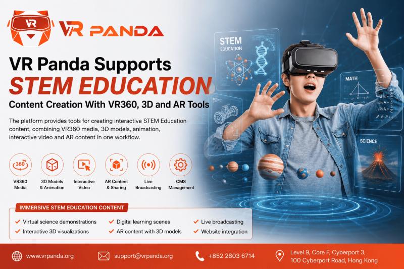 VR Panda supports interactive STEM education content creation with VR360 media, 3D models, animation, video hotspots and AR exp