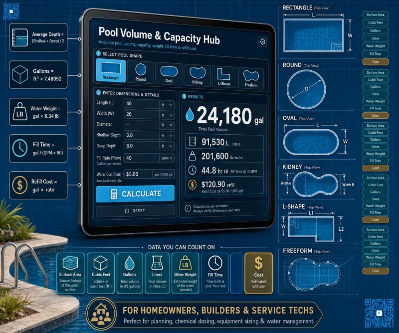 All Pool Calculators' Pool Volume & Capacity Hub helps homeowners and pool professionals