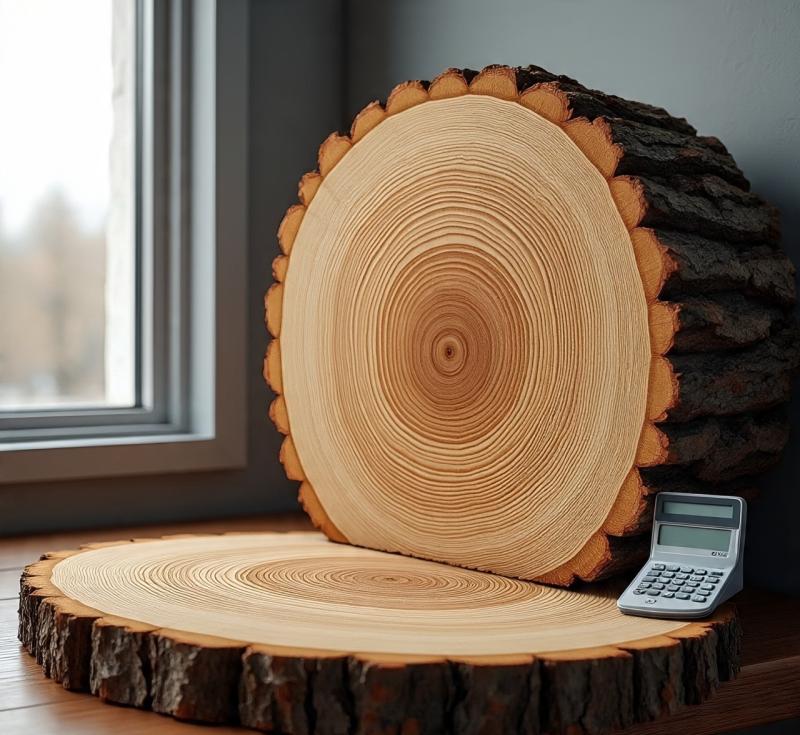 A tree cross-section with visible rings next to a calculator, representing how the Tree Age Calculator combines nature