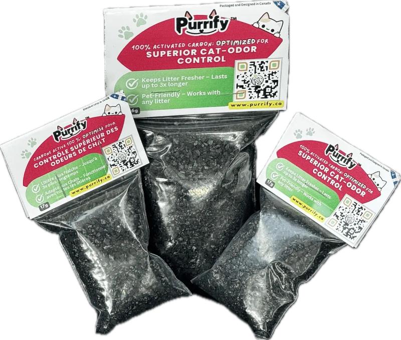All three sizes of Purrify odour removing cat litter additive