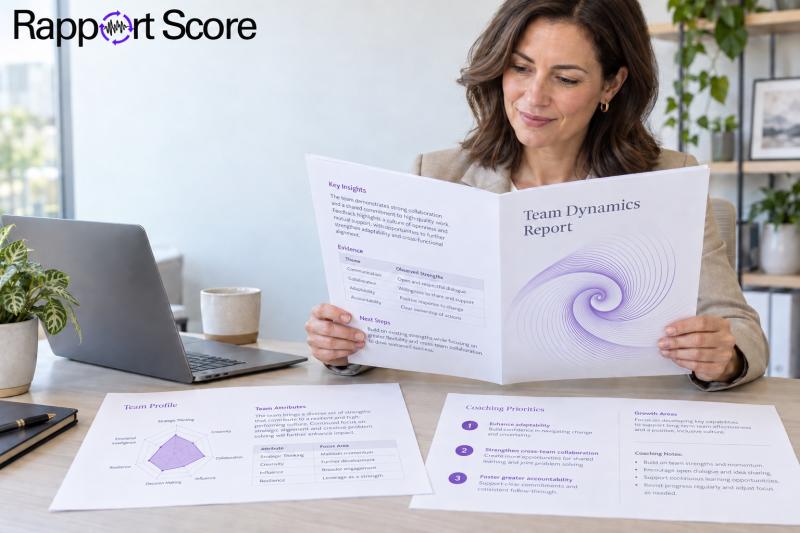 Coach reviewing a Team Dynamics report with a purple spiral cover, a spider graph, and coaching notes