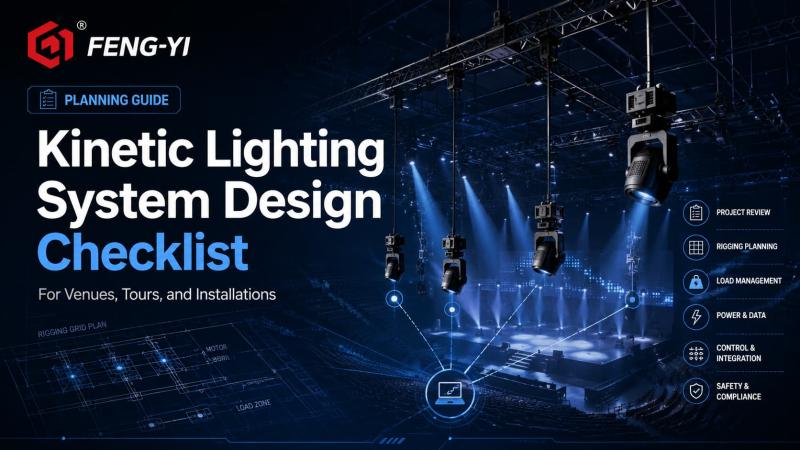 A kinetic lighting checklist covering venue conditions, rigging, fixtures, controls, safety, commissioning, and RFQs.
