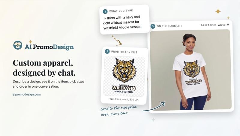 AI PromoDesign turns one chat into custom apparel and promo products for schools, teams and companies, with no minimums.