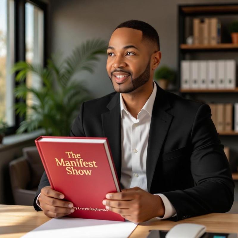 Everett Stephenson, founder of Stage 369 and creator of The Manifest Show, pictured with the official series production book featu