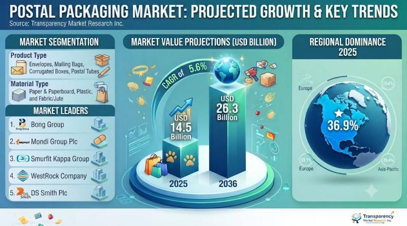سوق تغليف البريد يصل إلى 26.3 مليار دولار بحلول 2036 بمعدل نمو سنوي 5.6% (مدفوع)