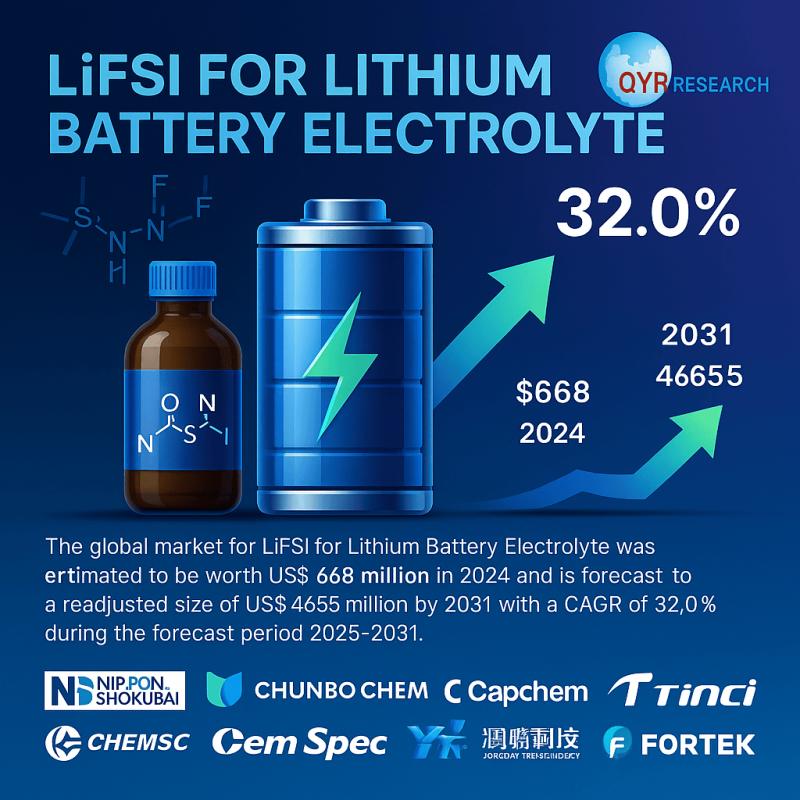 LiFSI for Lithium Battery Electrolyte Market Strong Growth to US$4.655 Billion by 2031, Expanding at 32.0% CAGR