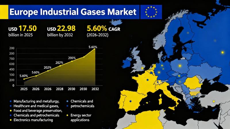 Europe Industrial Gases Market Expected to Reach Nearly $22.98 Billion by 2032: Trends in Germany, UK, France, Italy, Spain and More