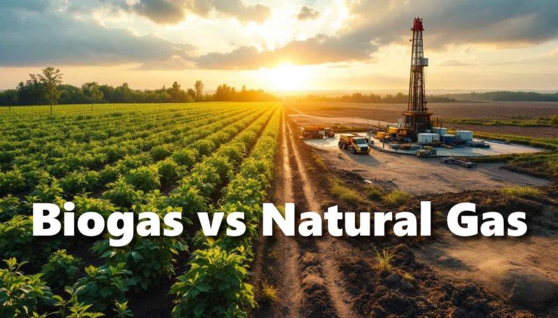 This illustration shows a comparison between the organic source of biogas (left) and drilling for natural gas (right).
